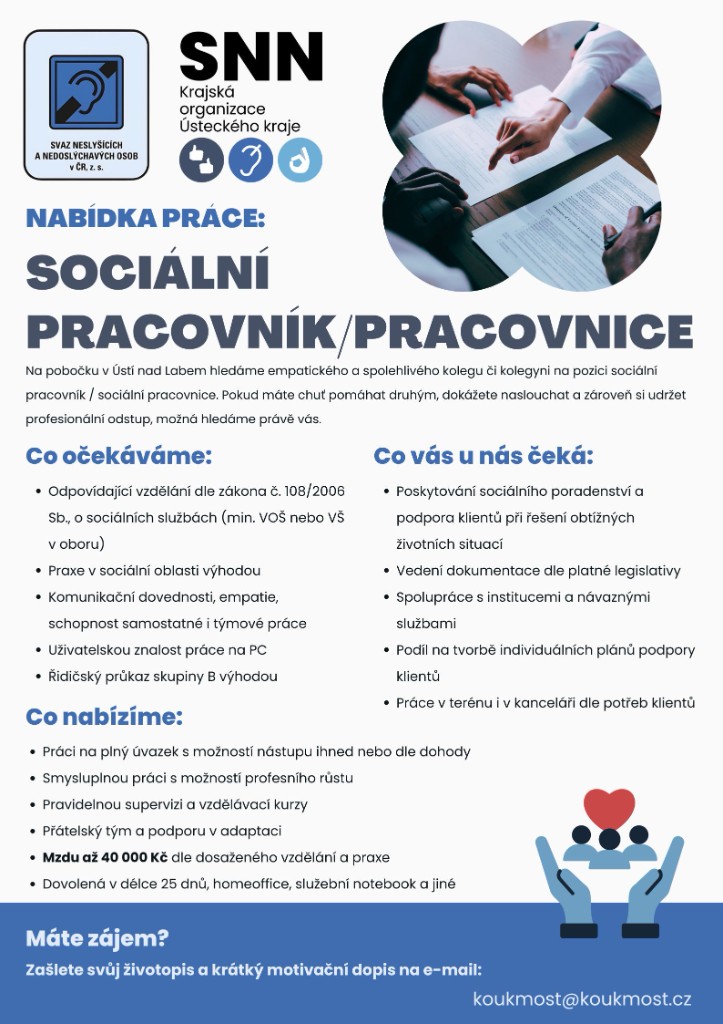 Nabídka práce: Sociální pracovník/pracovnice – SNN Ústí nad Labem